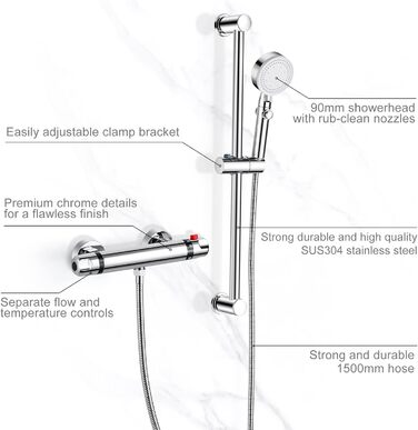 Змішувач для ванни з термостатом, накладний, хром, латунь, з кнопкою безпеки 38°C, для ванни, душ, термостат, водопровідний кран