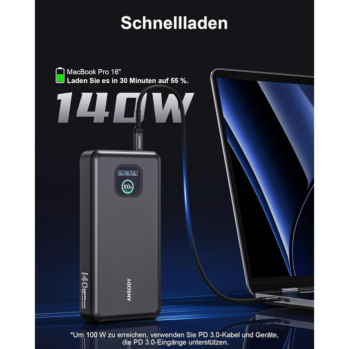 Power Bank 140W, 25000mAh з дисплеєм для ноутбука, MacBook, iPad, iPhone, Switch. Швидка зарядка PD3.1 (Сірий)