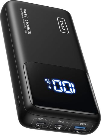 Портативний зарядний акумулятор INIU, 100W, 25000mAh, USB-C, для ноутбуків, телефонів, iPad, DJI, камер, iPhone, MacBook, Surface, Fire TV Stick, 25000 мАг, чорний