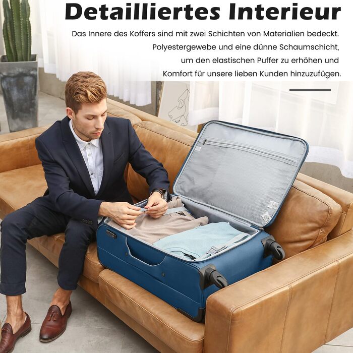 Валіза COOLIFE з 4 колесами, ручна валіза з TSA-замком, тканинна валіза, комплект 2 шт (середня, блакитний+сріблястий)