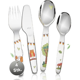 Дитячий набір столових приборів RÖSLE 'Waldfreunde' (4 шт.) з нержавіючої сталі 18/10, для дітей від 3 років, придатний для миття в посудомийній машині, чудовий подарунок на хрещення для хлопчиків та дівчаток