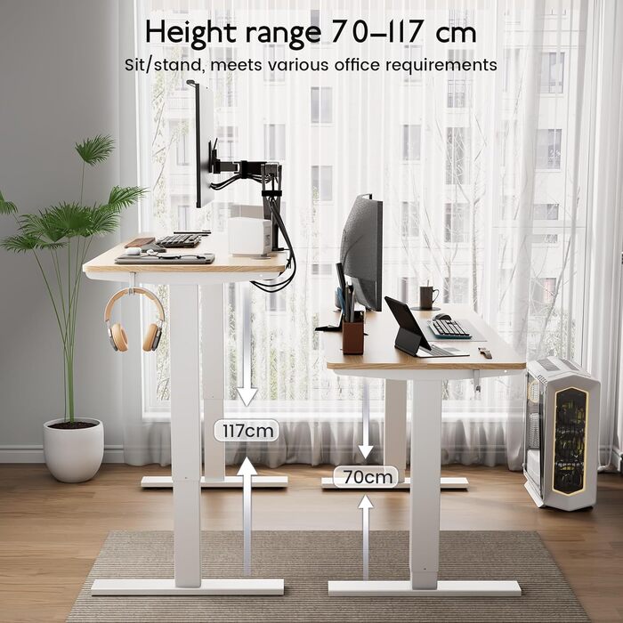 Регульований стіл 80x160 см, електричний з функціями пам'яті та захисту від зіткнень, висота 70–117 см, для офісу, дому та геймінгу (колір натурального дерева)