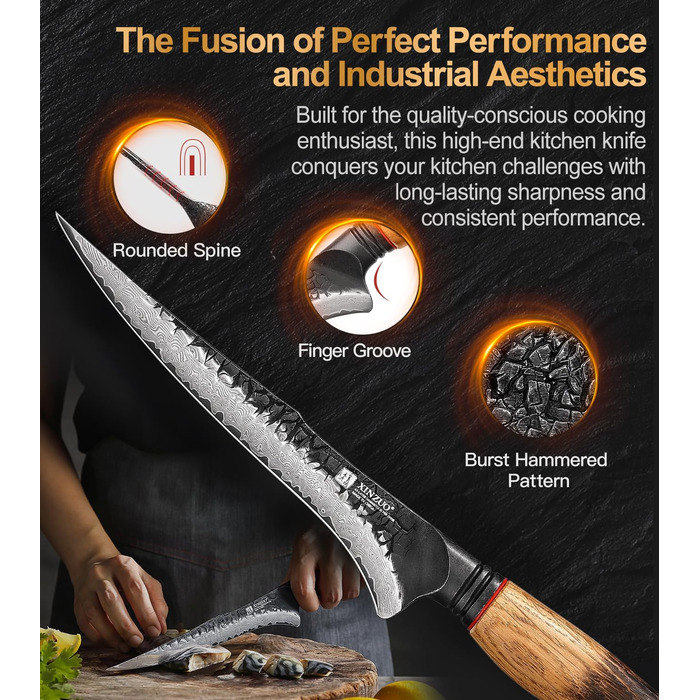 Ніж кухарський XINZUO Damaststahl з нержавіючої сталі Дамаск, 19,3 см - професійний, з ергономічною ручкою з білого дуба, серія Mo (ніж для філетування)