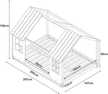 Дитяче ліжко Tostedt: ліжко-будиночок, ліжко для підлітків, ліжко-ігровий будиночок, ліжко з напіввідкритим дизайном Montessori, з масивного дерева (сосна), 120x200 см, рожево-біле