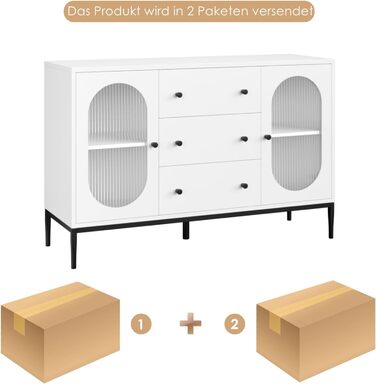 Буфет-шафа FirFurd 120 см білий з робочою поверхнею, 2 скляні дверцята та 3 висувні ящики для кухні, вітальні, їдальні. Розміри: 120x38x80 см