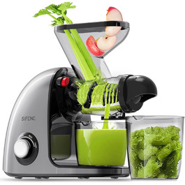 Соковижималка SiFENE Slow Juicer - подвійний калібр, не засмічується, функція реверсу проти блокування, дрібне подрібнення без фільтра, електрична соковижималка, зі щіткою та 2 чашками сірого кольору