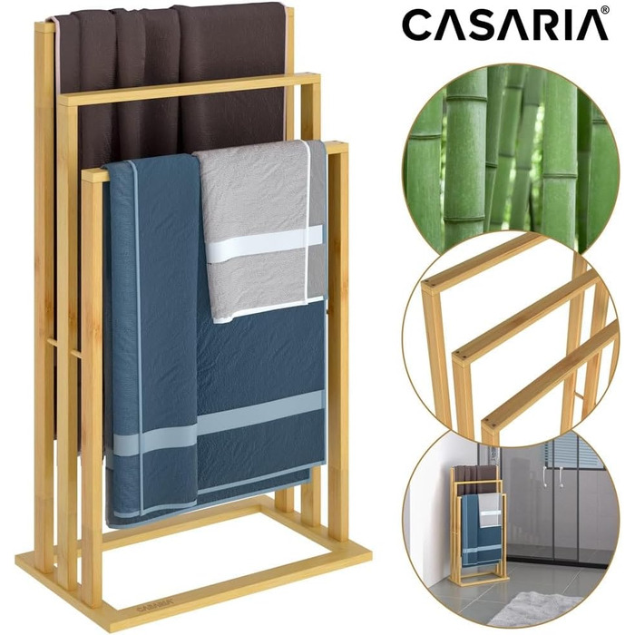 Підставка для рушників CASARIA® бамбукова, дерев'яна, на 3 стійки, 82 x 40 x 24 см, з полицею, для ванної кімнати, без свердління, сходинкова