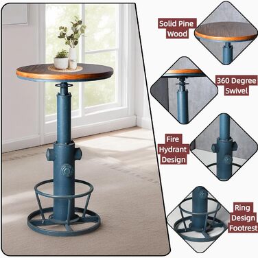 Столик барний вінтажний в індустріальному стилі, дизайн як пожежний гідрант, блакитний, регульована висота 98-112,8 см