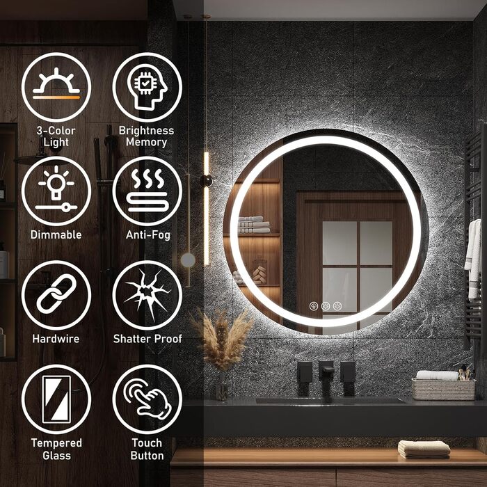 Дзеркало для ванної кімнати з підсвічуванням, 60 см, кругле, з антизапарюючим покриттям, диммер, 3 кольори світла, 60x60 см
