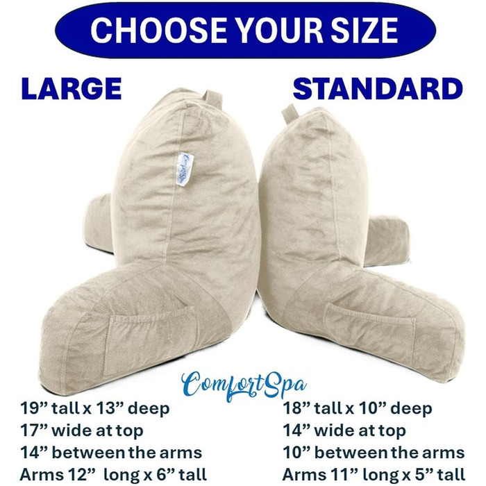 Комфортний пуф-подушка ComfortSpa для ліжка, дорослого розміру, з підлокітниками та кишенями, знімний чохол; ідеально для відпочинку в ліжку або для полегшення болю в спині