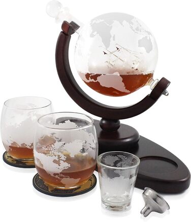 Набір декантерів Krown Kitchen Globe Дерев'яна основа, 2 склянки, 2 підставки, чарка, воронка. Ідеальний подарунок.