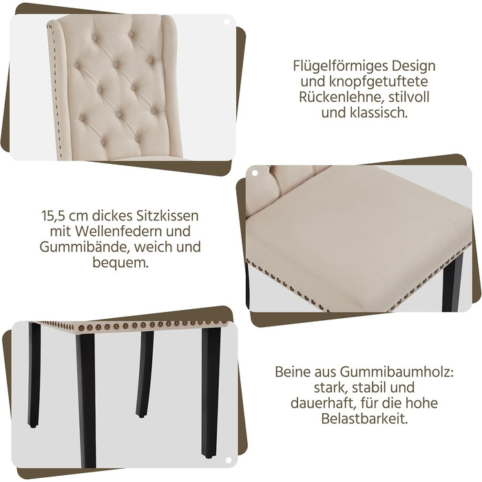 Набір з 4 кухонних стільців Yaheetech з м'яким сидінням та спинкою, бежевий (до 140 кг)