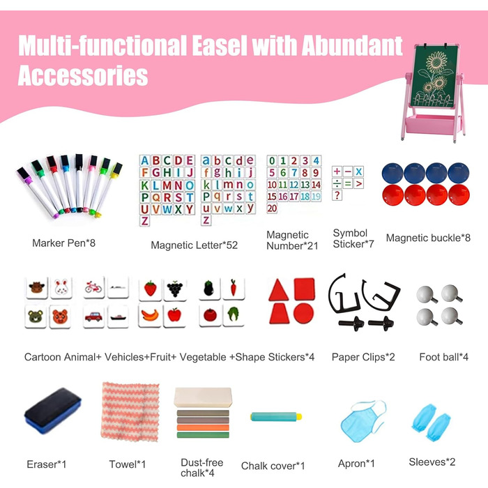 Дитяча мольберт Kinderstaffelei: двосторонній, сталевий, регульований, 360° обертання, дошка для малювання, крейда та маркери для хлопчиків та дівчаток