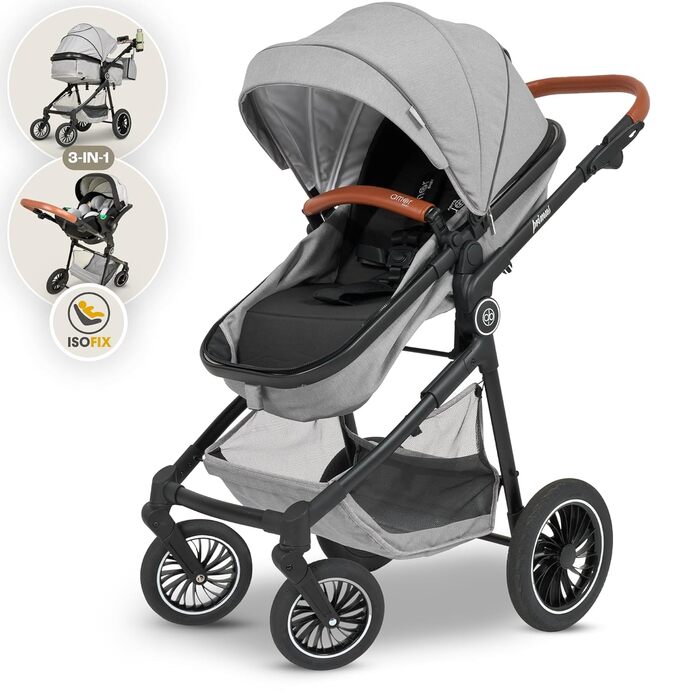 Дитяча коляска 3 в 1 з автокріслом та люлькою | Коляска для новонароджених з 5-точковим ременем безпеки | Кольори: світло-оливковий та світло-сірий без Isofix