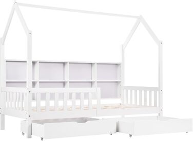 Ліжко дитяче 80x160 см з ящиками та віконцем, масивне дерево, захист від падіння, ламелі, для хлопчиків та дівчаток, ліжко-будиночок, без матраца, білий колір