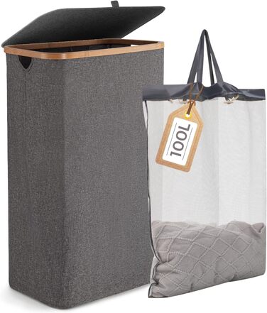 Кошик для білизни Rieeyrslza з кришкою, 158 л, бамбук, 2 мішки, Oxford, складний, сортувальник, для ковдр та одягу (сірий)