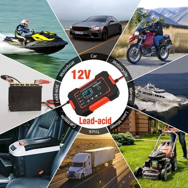 Зарядний пристрій для акумулятора 12V 6A, Smart, автоматичний, з температурною компенсацією, для авто, вантажівок, мотоциклів, газонокосарок, човнів, морських акумуляторів, червоний