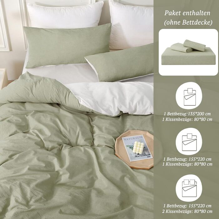 Набір постільної білизни SOULFUL 155x220, бавовна, з блискавкою, текстура як stone washed льон, 1.5 спальне ліжко, 2 шт. (Vintage Green)