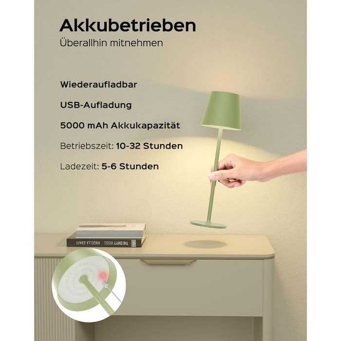 LED-лампа настільна Jackyled бездротова, перезаряджувана, 5000mAh, 3 рівня висоти, 3 температури кольору, регульована яскравість (зелена, 1 шт.)