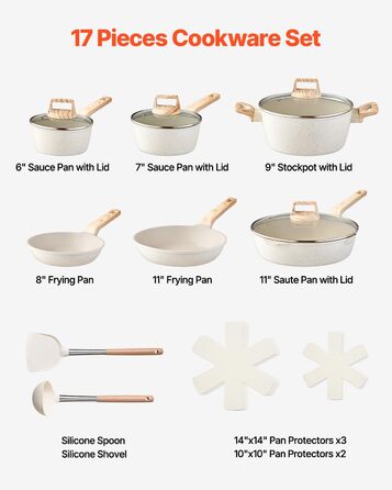 Набір каструль та сковорідок VEVOR з індукційним покриттям (17 предметів) з кришками, антипригарне покриття, для кухні, кемпінгу, приготування соусів та варіння (білий)