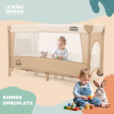 Дитяче ліжко-манежа All Kids United® для подорожей з матрацом, пеленальним столиком, музичним проигрывателем та мобілем (Бежевий)