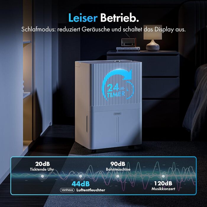 Електричний осушувач повітря VonHaus 12L/24h - для підвалу та приміщень до 125 м³, з таймером та гофрованим шлангом - захист від вологи та плісняви