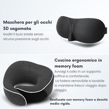 Подушка для шиї ProGlobe, 100% Memory Foam, ортопедична, для подорожей (літак, авто, поїзд), з маскою для сну, сітчаста сумка (темно-сірий)