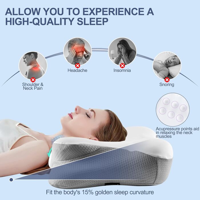 Ортопедична подушка для шиї Donama з memory foam, для сну та зняття болю в шиї та плечах, ергономічна подушка для сну на боці, спині та животі, білий/сірий колір, розмір 61x39x12 см