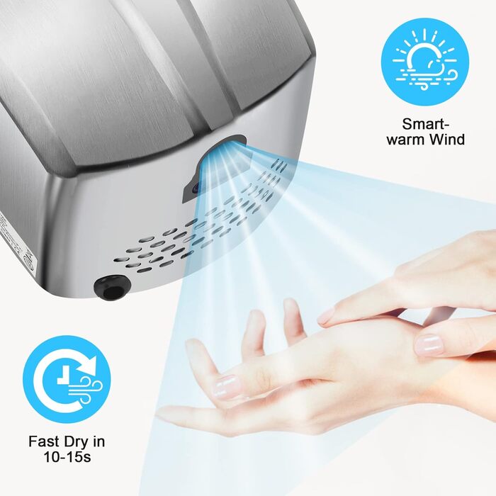 Електричний сушар для рук QL автоматичний з HEPA-фільтром, нержавіюча сталь, настінний, 1150W, срібний