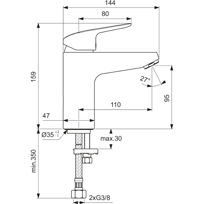 Змішувач настінний Ideal Standard Ceraflex з одним важелем, хром, витяжка 160 мм, регульовані S-з'єднувачі, водозберігаюча картридж CLICK, висота виливу 95 мм (без зливної арматури)
