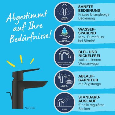 Змішувач для ванної кімнати GROHE Start, економічний, холодна вода в середній позиції, з поп-ап переливом, хром, 17 см