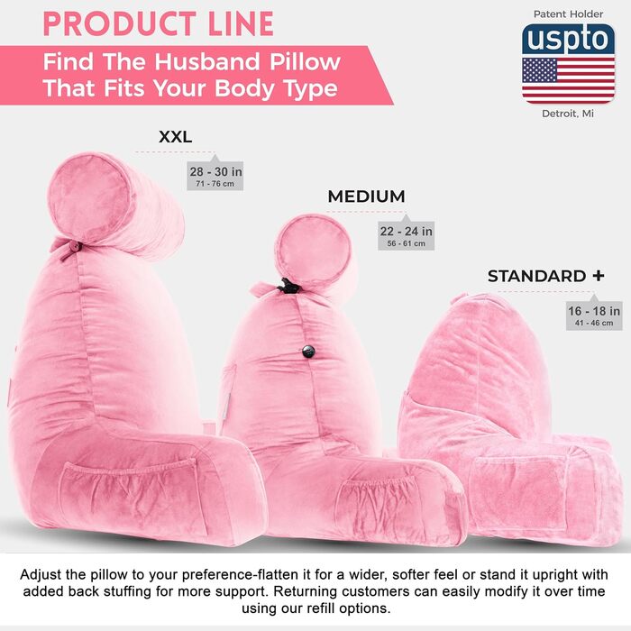 Подушка для чоловіка з підлокітниками - темно-сіра, для читання та відпочинку в ліжку, висока спинка, преміум піна пам'яті, знімний валик для шиї, оригінальна версія (світло-фіолетовий)