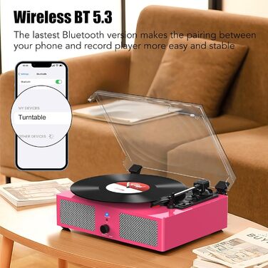 Вініловий програвач Udreamer з Bluetooth, вбудованими динаміками, ремінним приводом, 3 швидкості, вінтажний рожевий для музики та декору