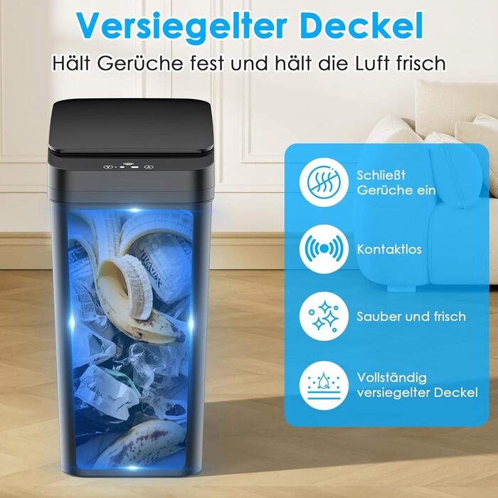 Набір з 2 автоматичних сміттєвих баків з датчиком, 12л, сенсорний кришка, 3 режими роботи, тихий, водонепроникний, інтелектуальний контейнер для сміття, для кухні, офісу, вітальні, ванної кімнати (2 шт. чорний)