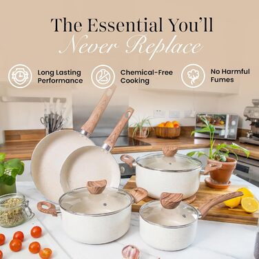 Набір каструль та сковорідок з антипригарним покриттям Nuovva - 8 предметів, кремовий граніт, для індукційних плит