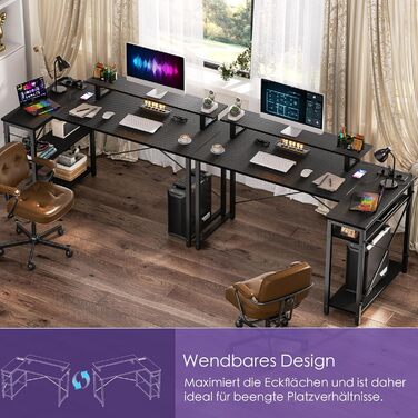 Кутовий ігровий стіл з LED-підсвічуванням та розетками, комп'ютерний стіл з полицями, обертовий кутовий стіл з підставкою для монітора, 120 x 70 см, ДСП, колір: сіра береза (карбон, чорний)