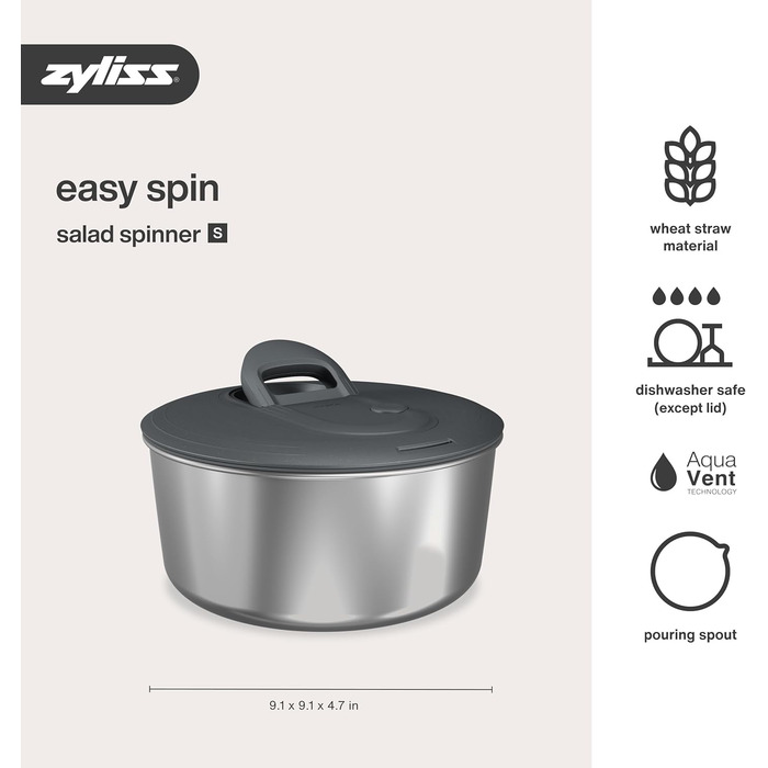 Салатниця Zyliss Easy Spin 6л з мотузковим приводом, AquaVent™ та кнопкою Stop (сіра)
