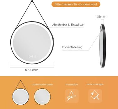 Круглий дзеркало для ванної кімнати EMKE з підсвічуванням 50 см, 3 кольори світла, протизапотівання, пам'ять, сенсорне управління, таймер 3 години, енергозбереження, 70x70 см