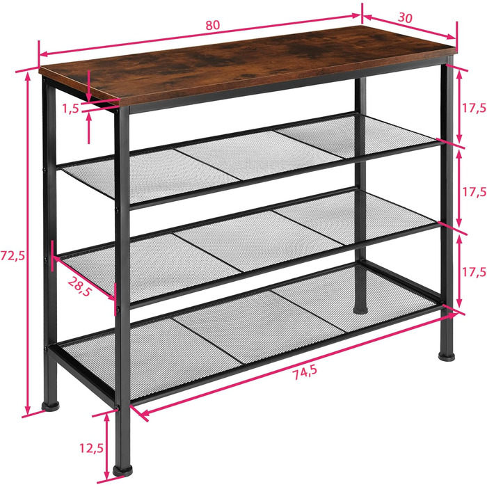 Підставка для взуття вузька, дерево/метал, промисловий дизайн, 4 рівні, 80,5x30,5x72,5см