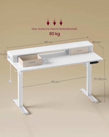 VASAGLE електричний стіл з регулюванням висоти 60x140 см, з полицею для монітора, розеткою, гачком, пам'яттю, білий