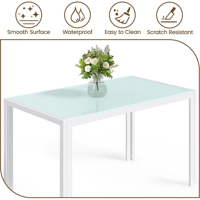 Стіл Bealife з загартованого скла, 120x70x75 см, білий. Сучасний кухонний стіл з металевим каркасом, стійкий до подряпин та тепла. Для кухні, вітальні, їдальні або кавової зони, home office.
