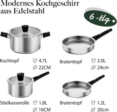 Набір каструль 6 шт. з нержавіючої сталі для індукційних плит, Cookware Set, нержавіюча сталь, без антипригарного покриття, сумісний з усіма типами плит, з кришкою та захистом від опіків, для посудомийної машини