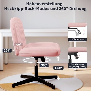 Офісне крісло Naspiro без підлокітників, з тканиною, регульоване по висоті, поворотне на 360°, для дому (Рожевий)