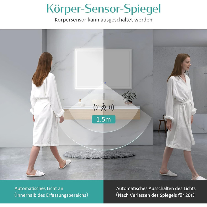 Дзеркало для ванної кімнати EMKE з підсвічуванням 80x60 см, LED, з датчиком руху, сенсорне, проти запотівання, 3 кольори світла, регулювання яскравості, таймер 1 год, IP44, енергозберігаюче