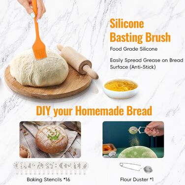 Набір для закваски та випікання хліба: корзини для бродіння (круглі 23 см, овальні 25 см) та аксесуари для випікання