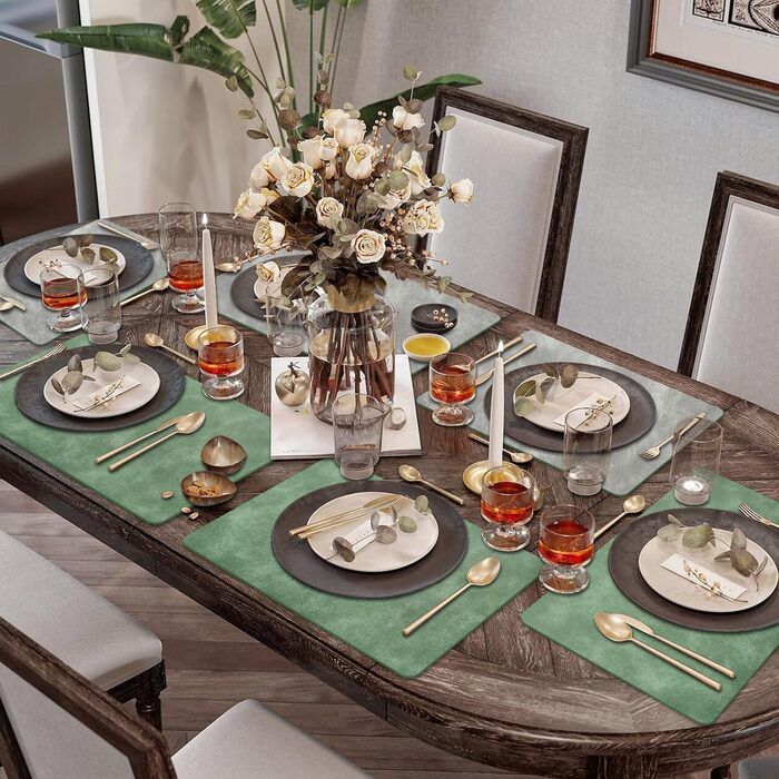 Набори підставки під гаряче та серветки 6 шт. | Коричневе шкіряне покриття з ефектом крави | Стійкі до подряпин, водонепроникні | Для обіднього столу, кухні, квартири | Зелений та сірий набір 6 шт.