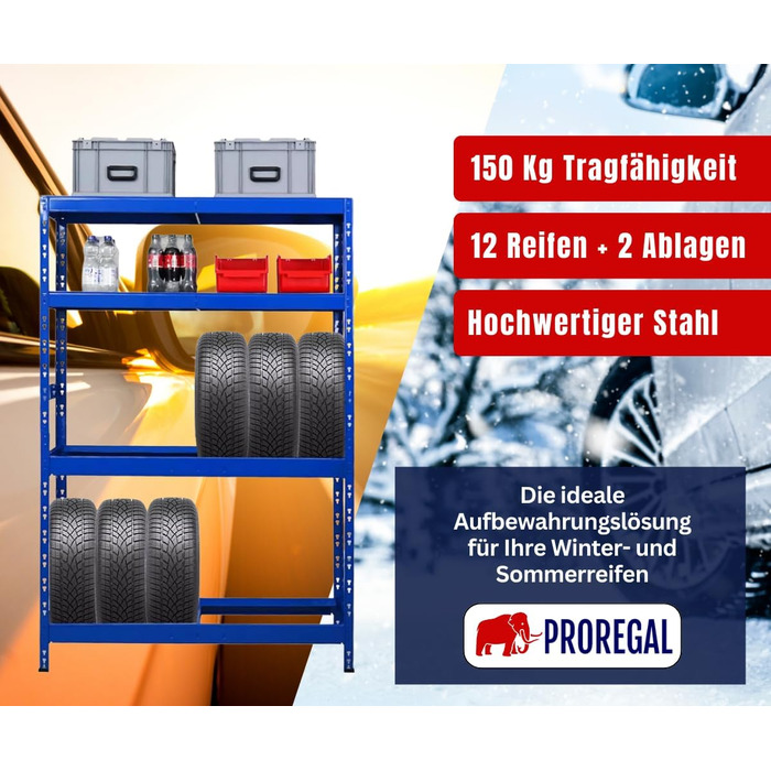 Стелаж для шин PROREGAL Tiger XL: 200x180x45 см, 300 кг навантаження, до 205/55 R16, для майстерні, складу, підвалу (12 шин + 2 полиці, блакитний)