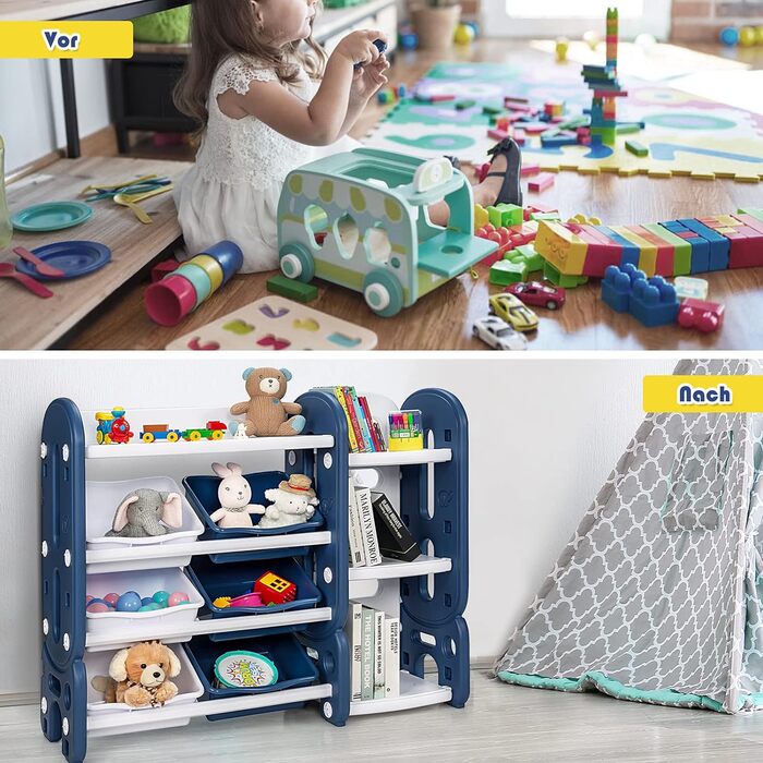 Полиця для дитячих іграшок COSTWAY з 6 ящиками для зберігання та 4 полицями, пластикова кутова полиця, дитяча полиця, полиця для зберігання, ідеальна для дитячої кімнати та дитячого садка 112 x 35 x 92 см (синій)