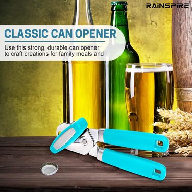 Відкривачка для консерв Rainspire, ручна, міцна, з плавним зрізом, з інтегрованим відкривачем пляшок, рожева (блакитна)