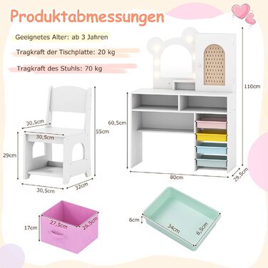 Детский туалетный столик COSTWAY в форме медведя с подсветкой, зеркалом, шкафчиком, 5 ящиками и отделениями, из дерева, для девочек от 3 лет